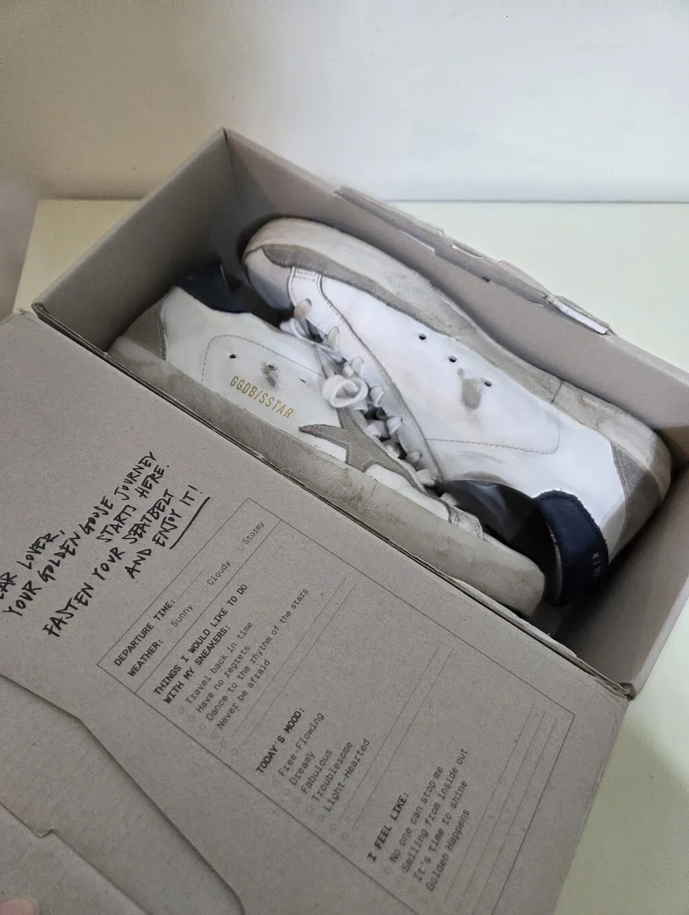 Golden Goose Super Star White Leather Sneakers with Gray Star and Navy Heel - Picture 10 of 10